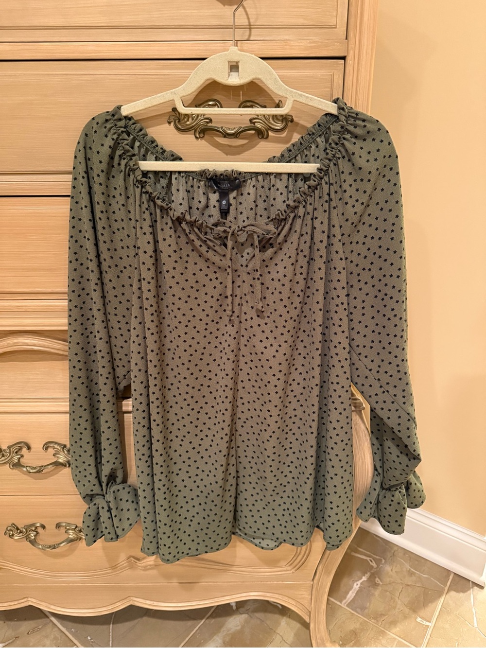 Aqua Curve Womens Olive Green Polka Dot Peasant Blouse